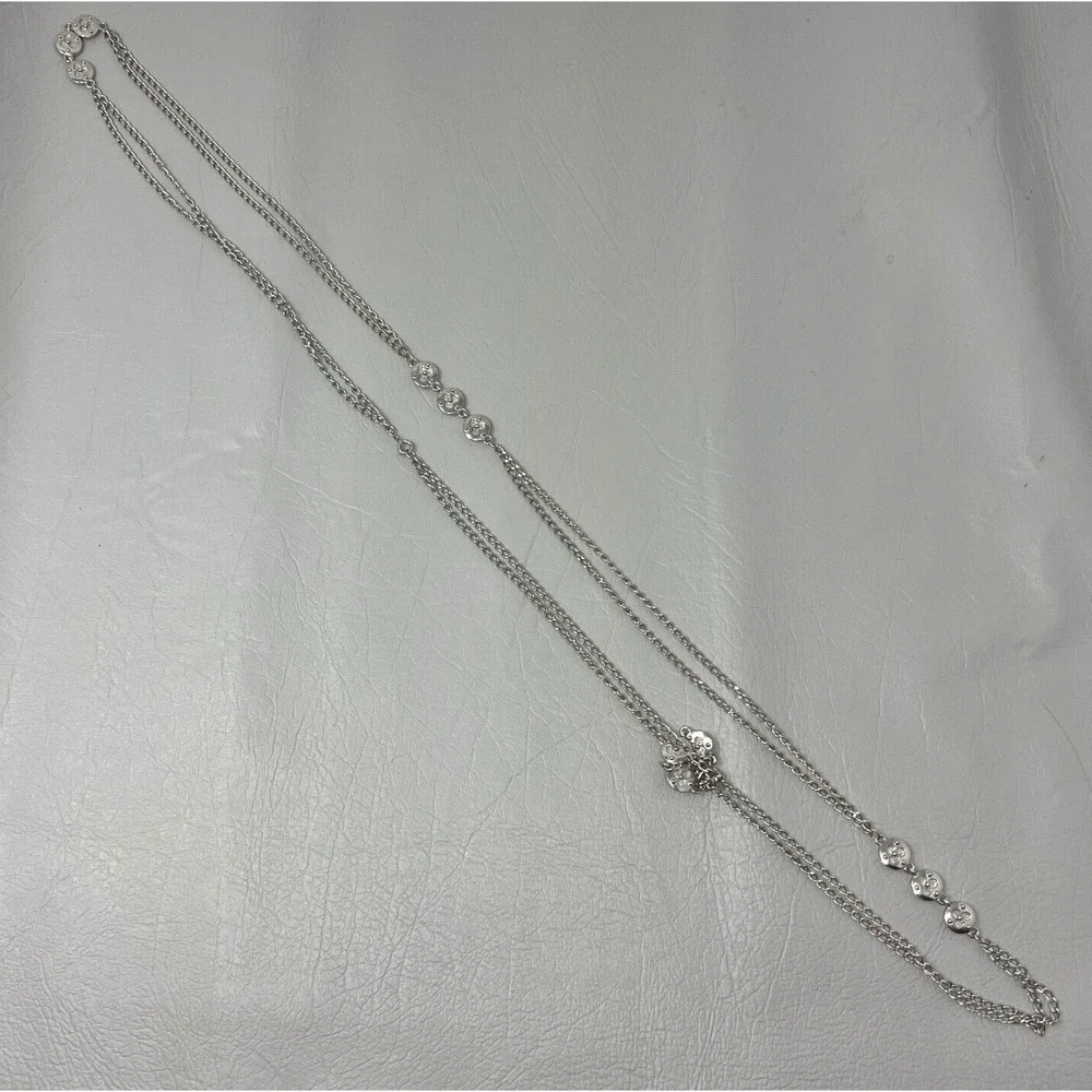 Vintage Silver Tone Chain Necklace Beaded Stations 56 inches‎
